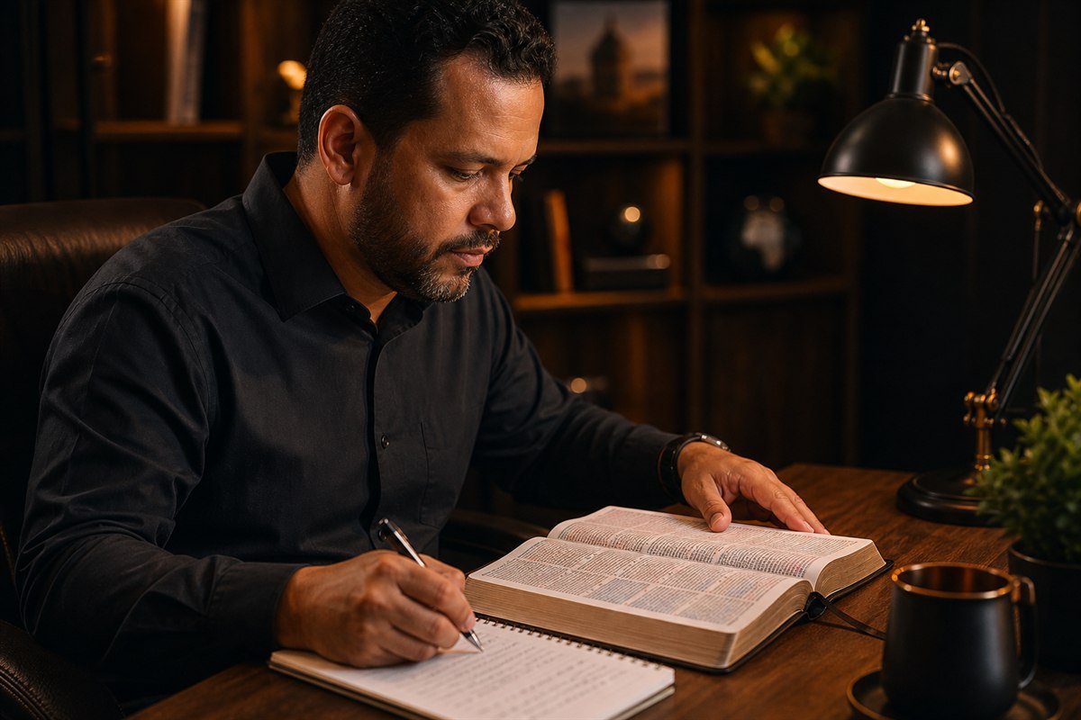 Pastor preparando uma mensagem com uma Bíblia grande aberta