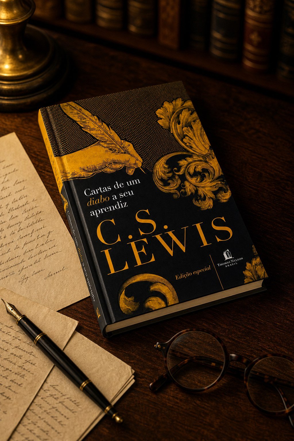 Cartas de um diabo a seu aprendiz apresentado em uma mesa de leitura clássica