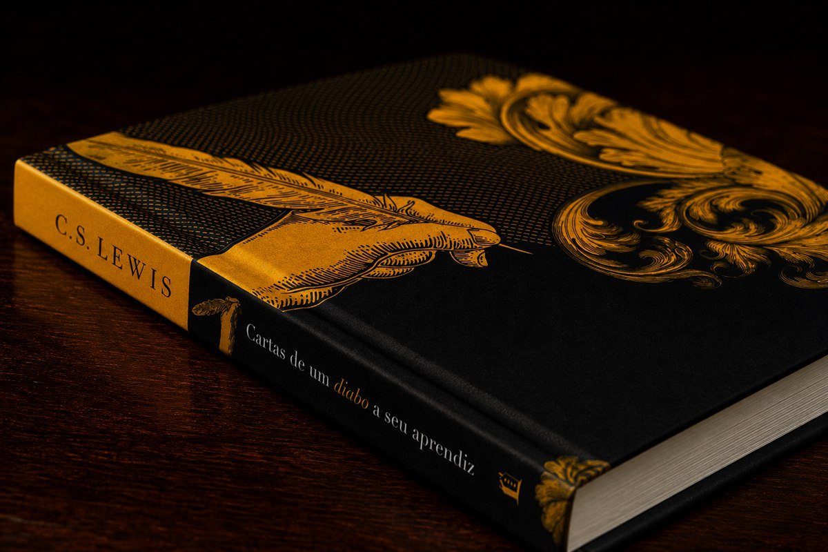Detalhe premium dos ornamentos dourados e da capa dura de Cartas de um diabo a seu aprendiz