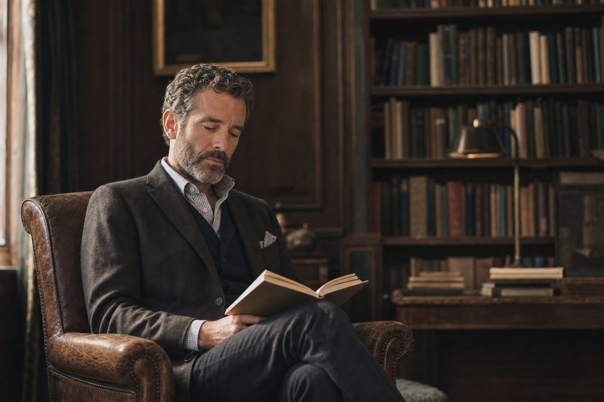 Leitor adulto concentrado em um livro em sua biblioteca