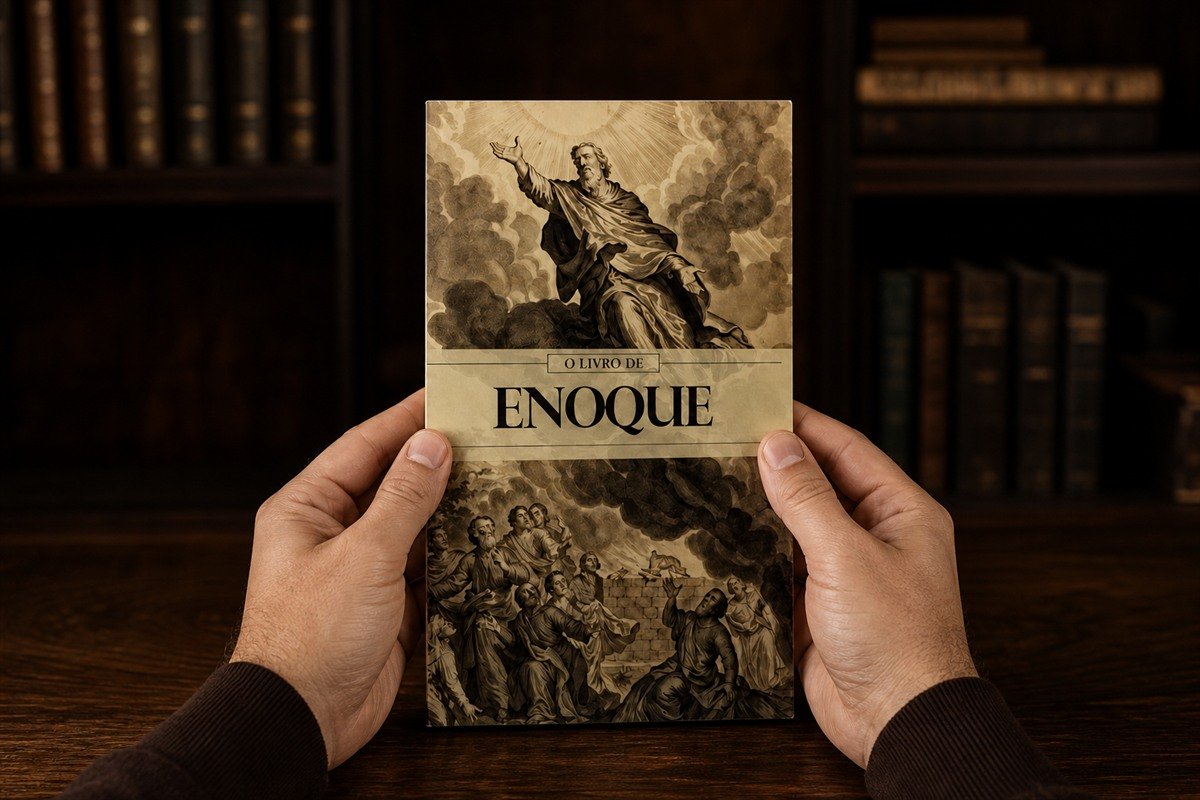 O Livro de Enoque segurado nas mãos para demonstrar sua dimensão real