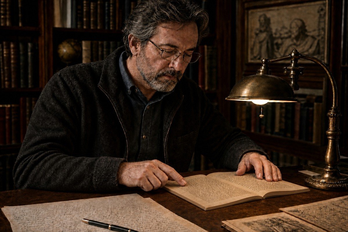 Pesquisador concentrado na leitura de um manuscrito antigo