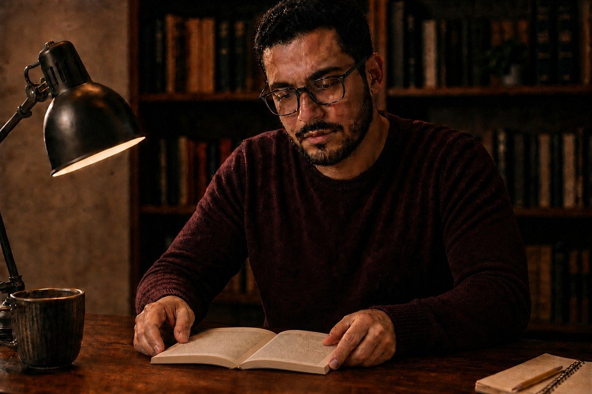 Estudante concentrado na leitura de um livro aberto em sua biblioteca